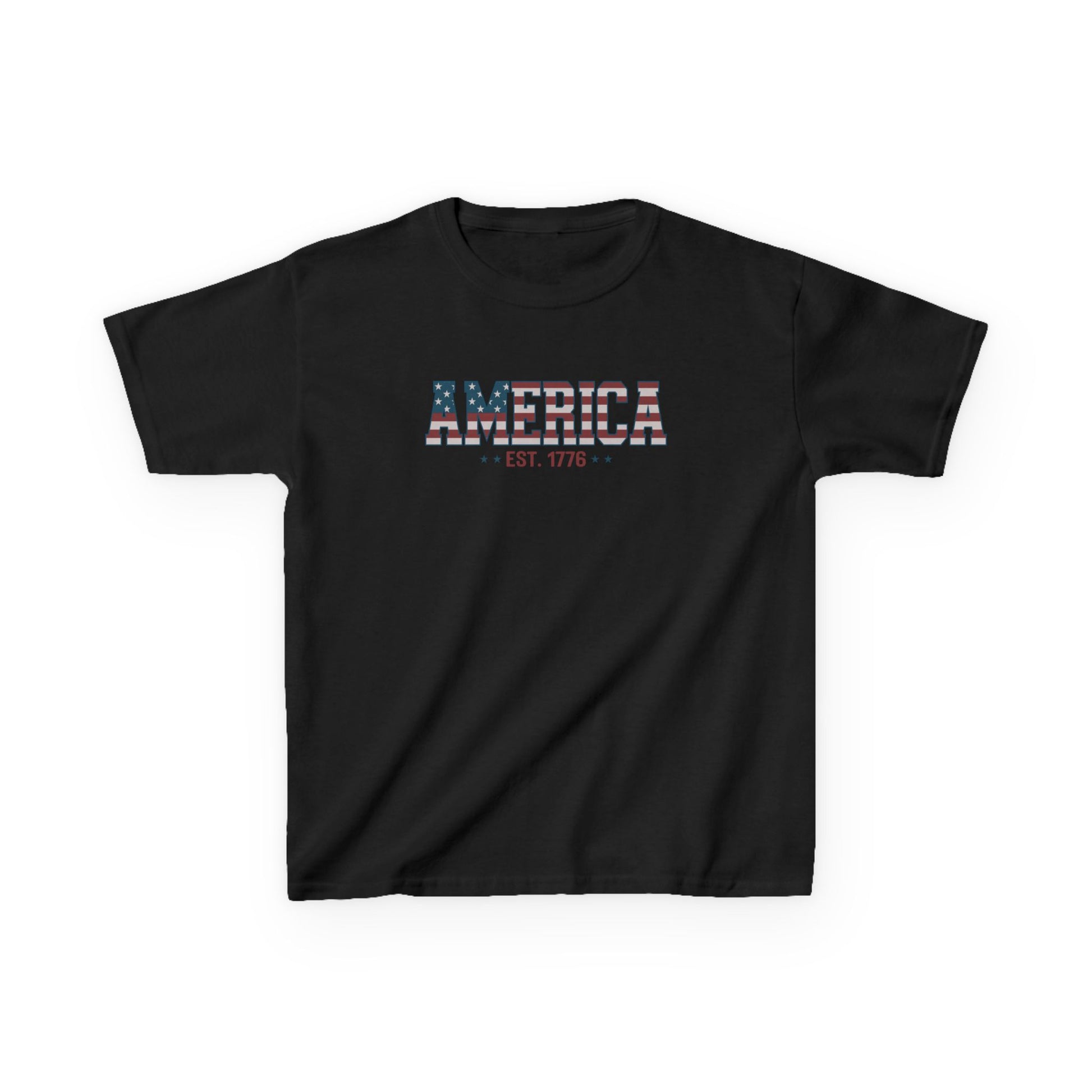 Black t-shirt with text on a white background