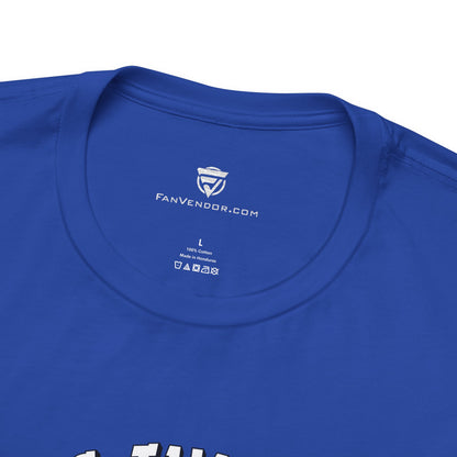 Black t-shirt with a brand logo on the collar and text below it.