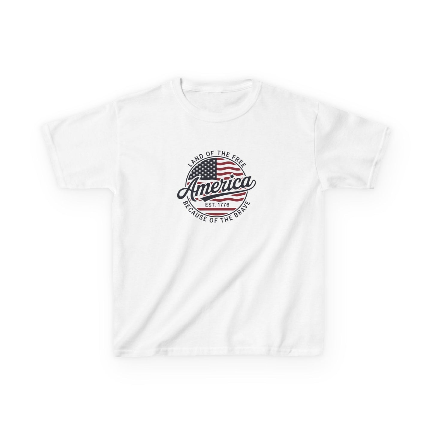 White t-shirt with American flag and text design on a white background