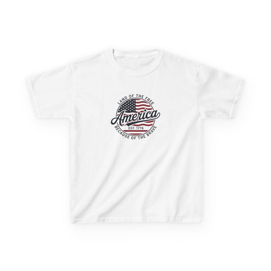 White t-shirt with American flag and text design on a white background