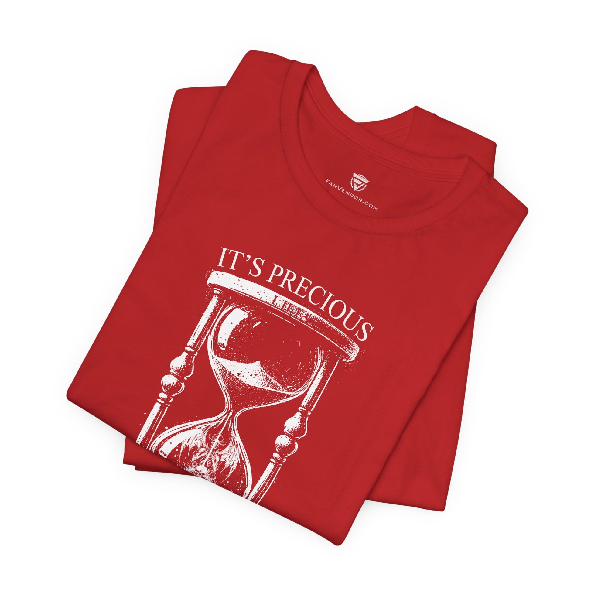 Red t-shirt with hourglass graphic and 'It's Precious' text on a white background