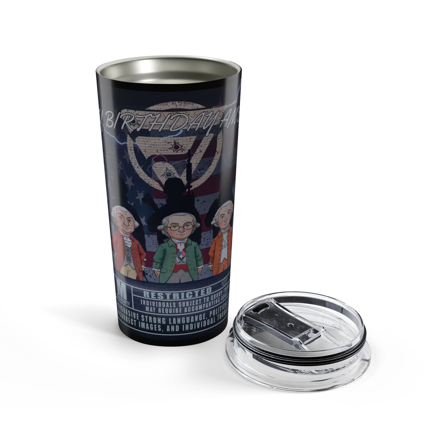 Tumbler with illustrated design on a white background