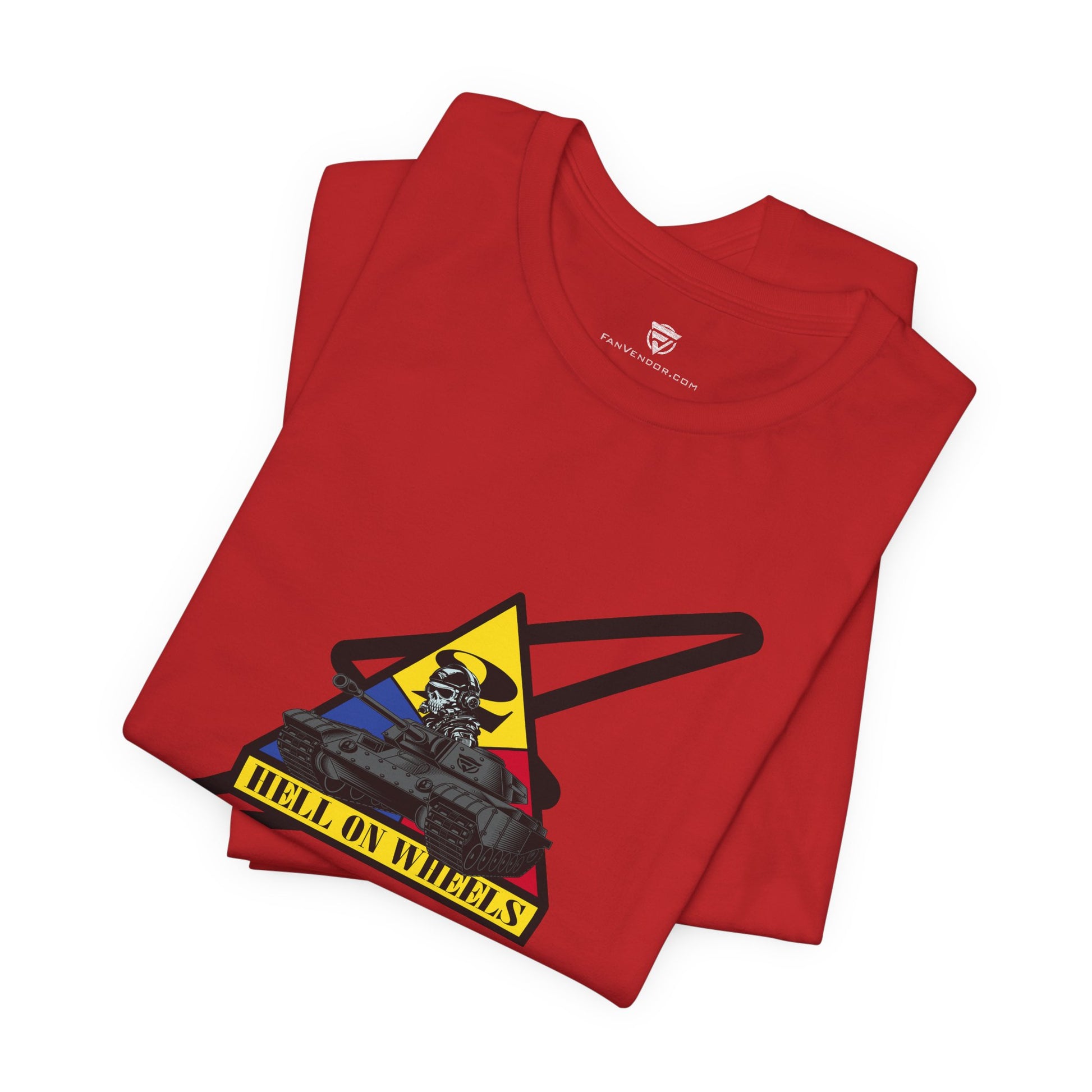 Folded red t-shirt with graphic design and 'Hell on Wheels' text on a white background