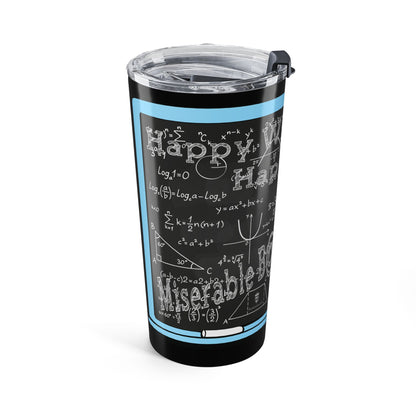A black insulated tumbler with a clear lid and black straw, featuring a chalkboard-style graphic with light blue borders and white equations and text.