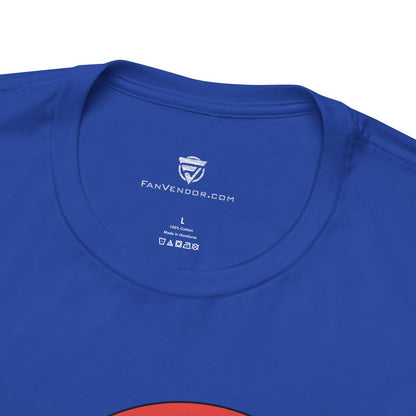 Blue t-shirt with 'Fanvendor.com' logo on the collar against a white background