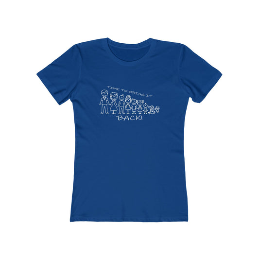 Blue t-shirt with white graphic and text on a white background