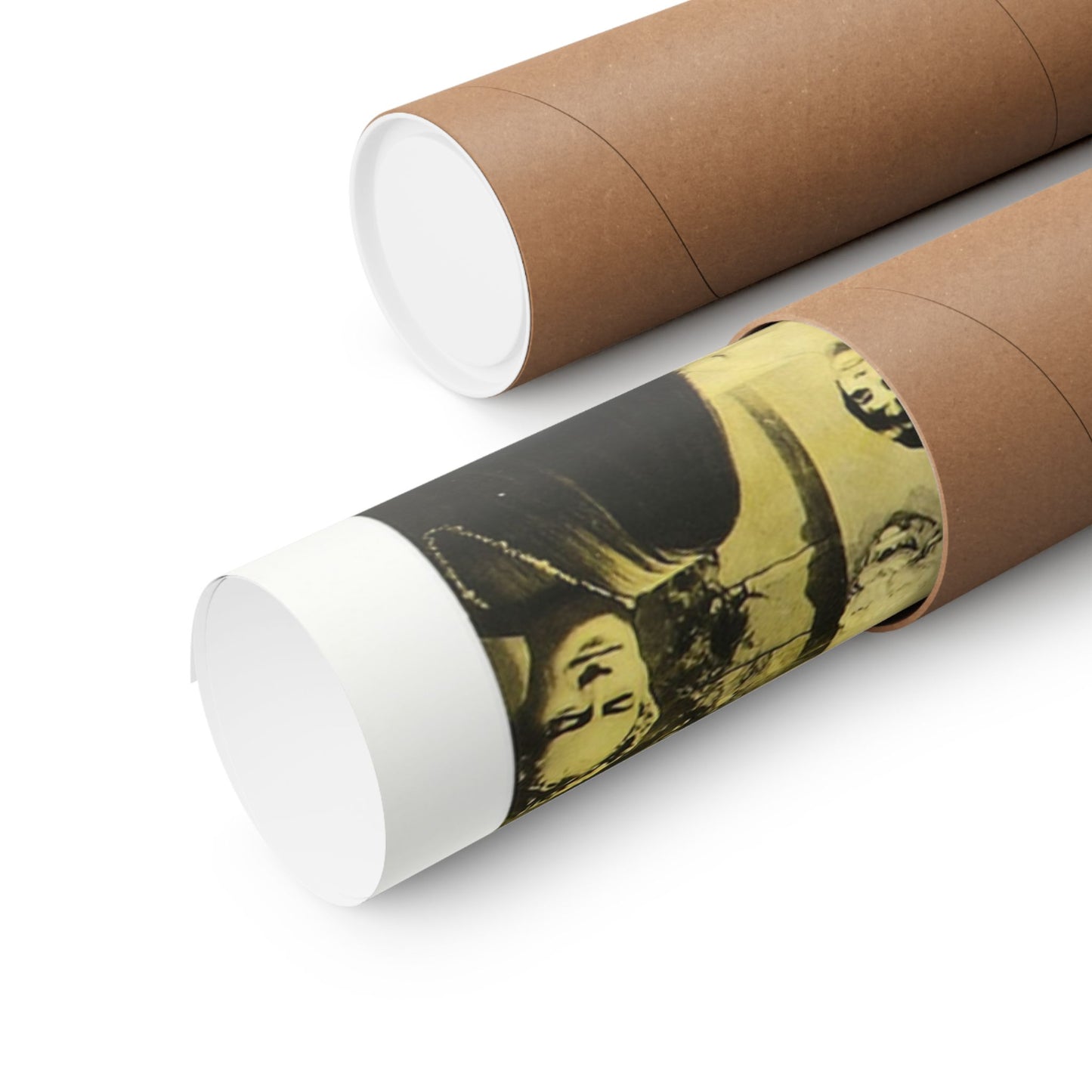 Two cardboard tubes with one featuring a printed design on a white background