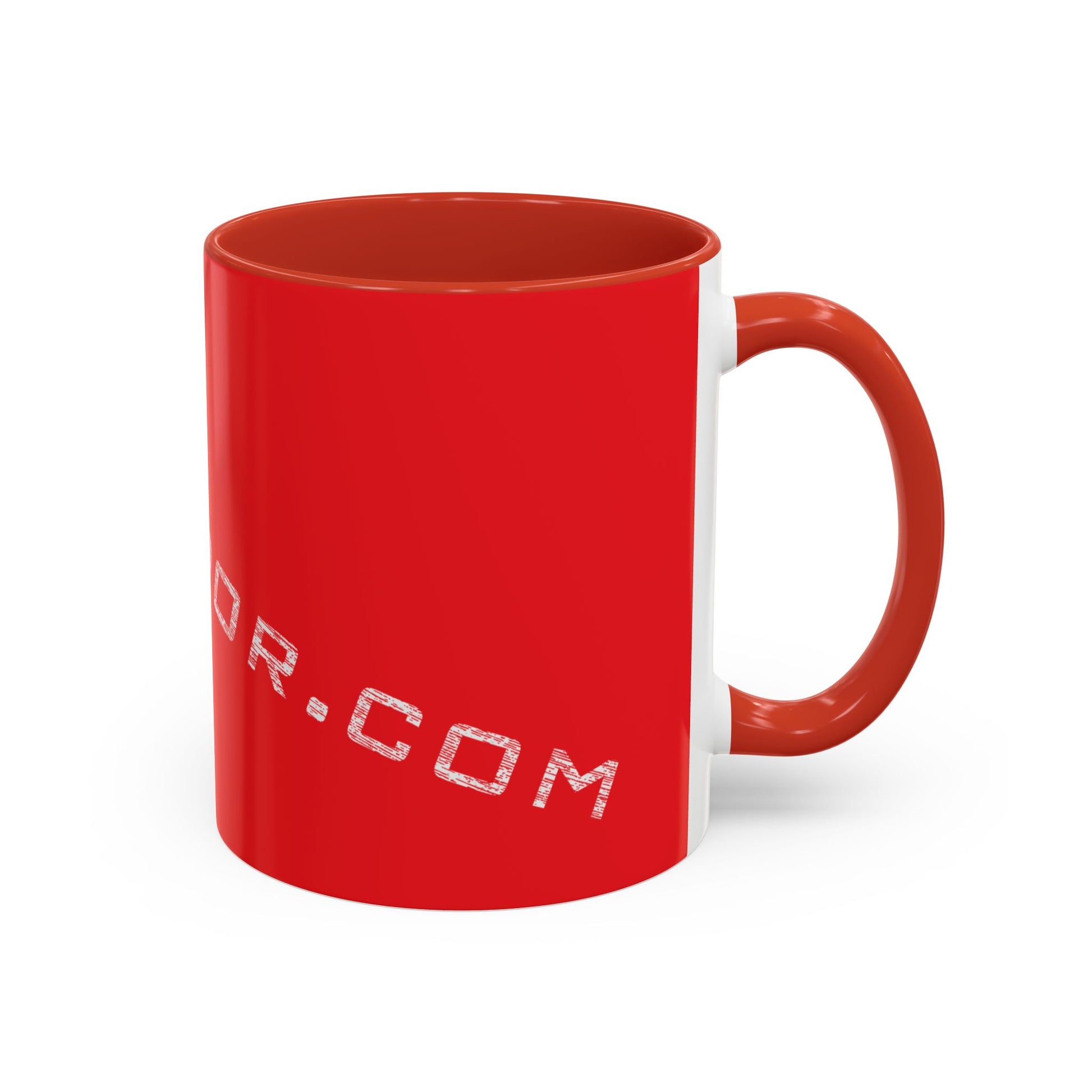 Red mug with text on a white background