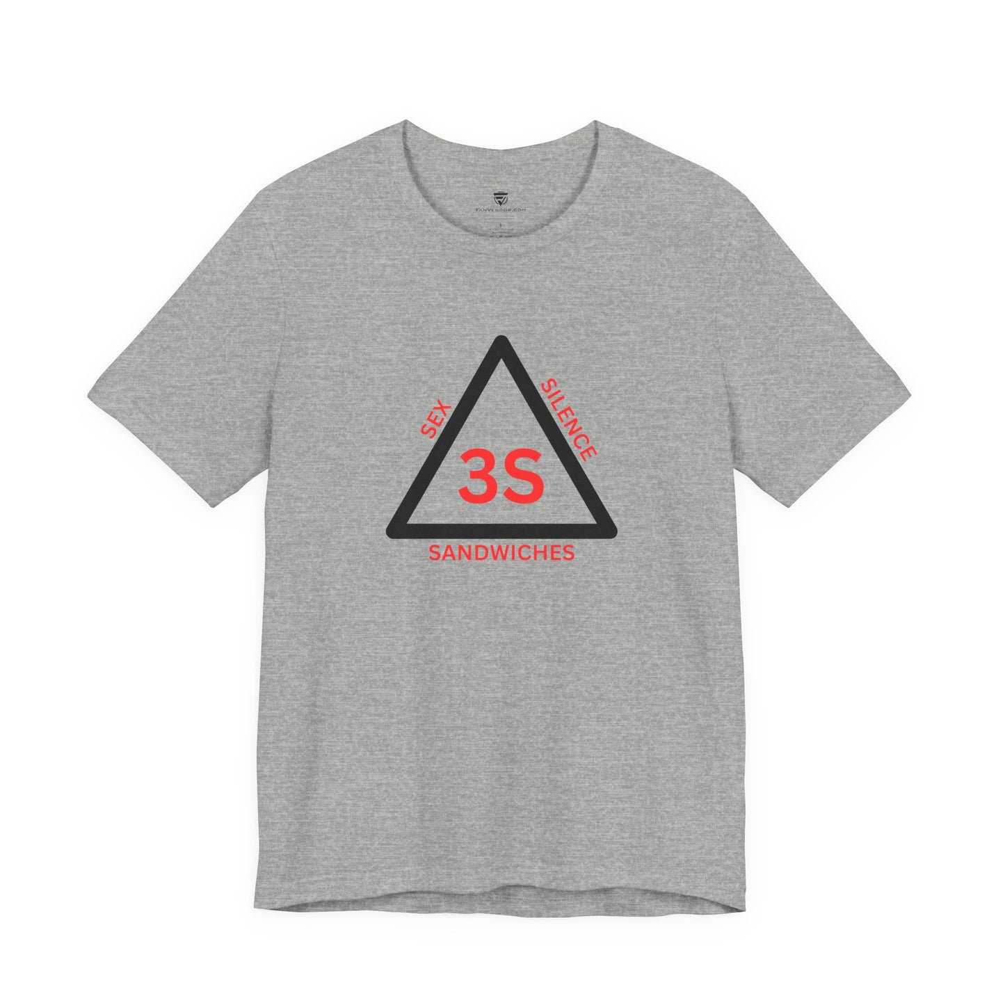 Gray t-shirt with a graphic design and text on a white background