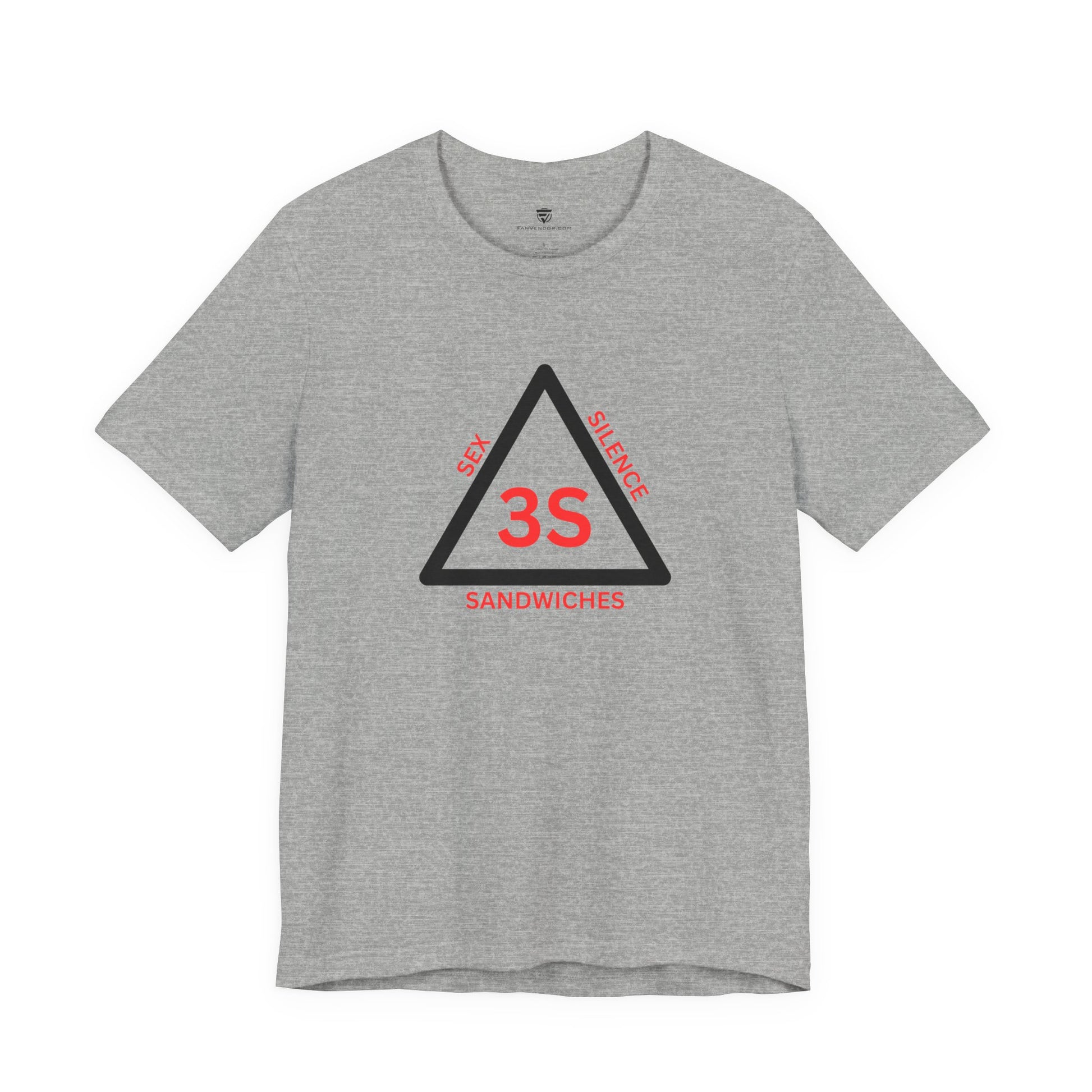 Gray t-shirt with a graphic design and text on a white background