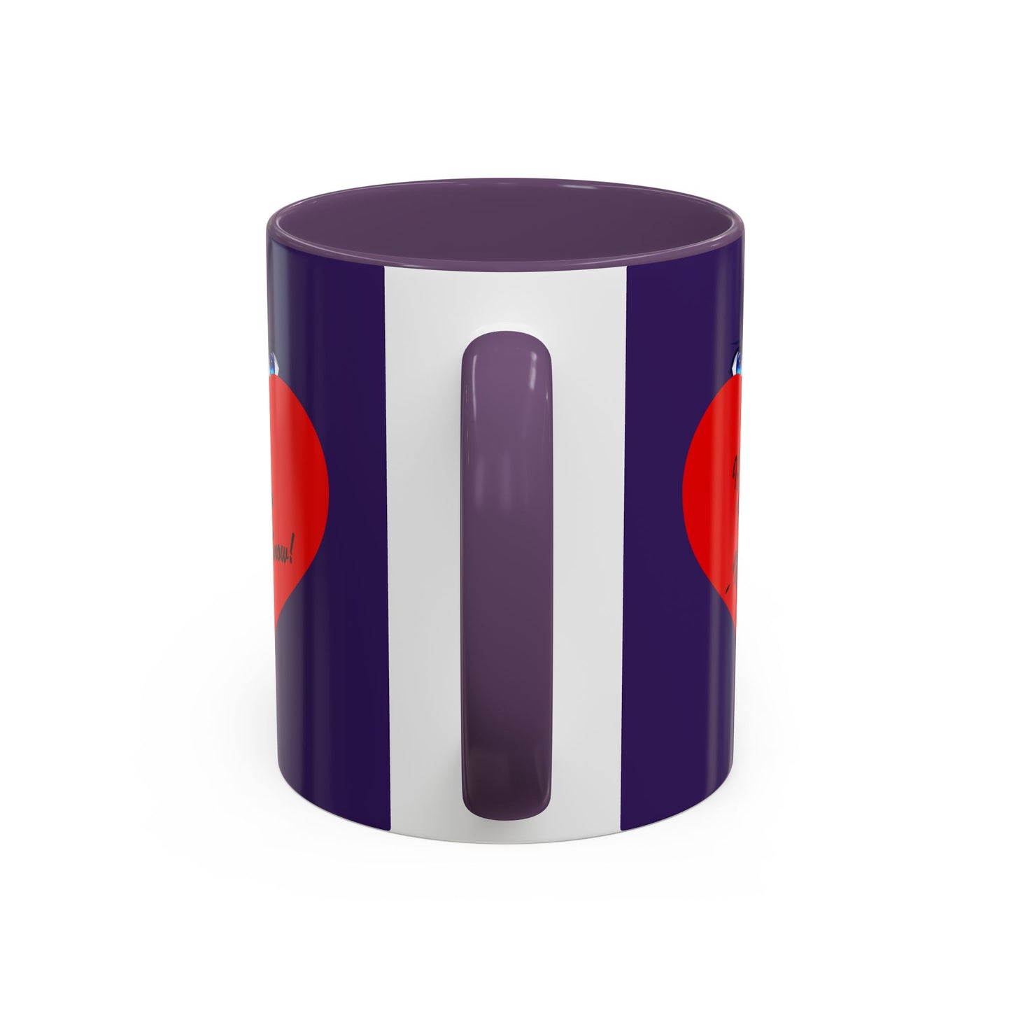 Mug with purple top and bottom and white middle section, featuring red circular designs on a white background.