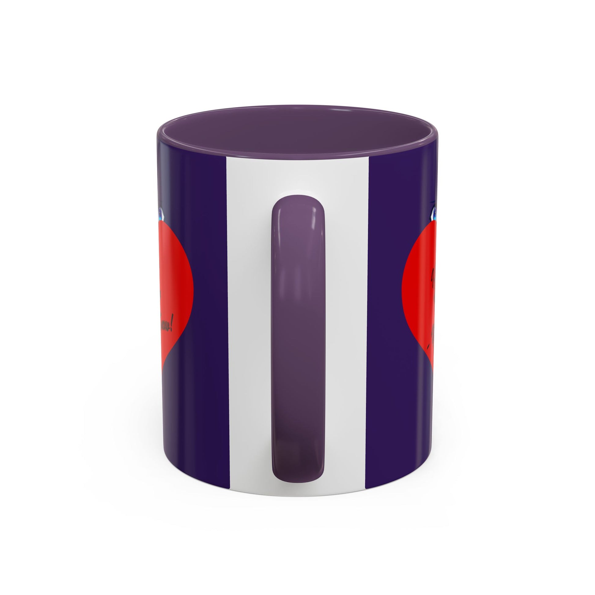 Mug with purple top and bottom and white middle section, featuring red circular designs on a white background.