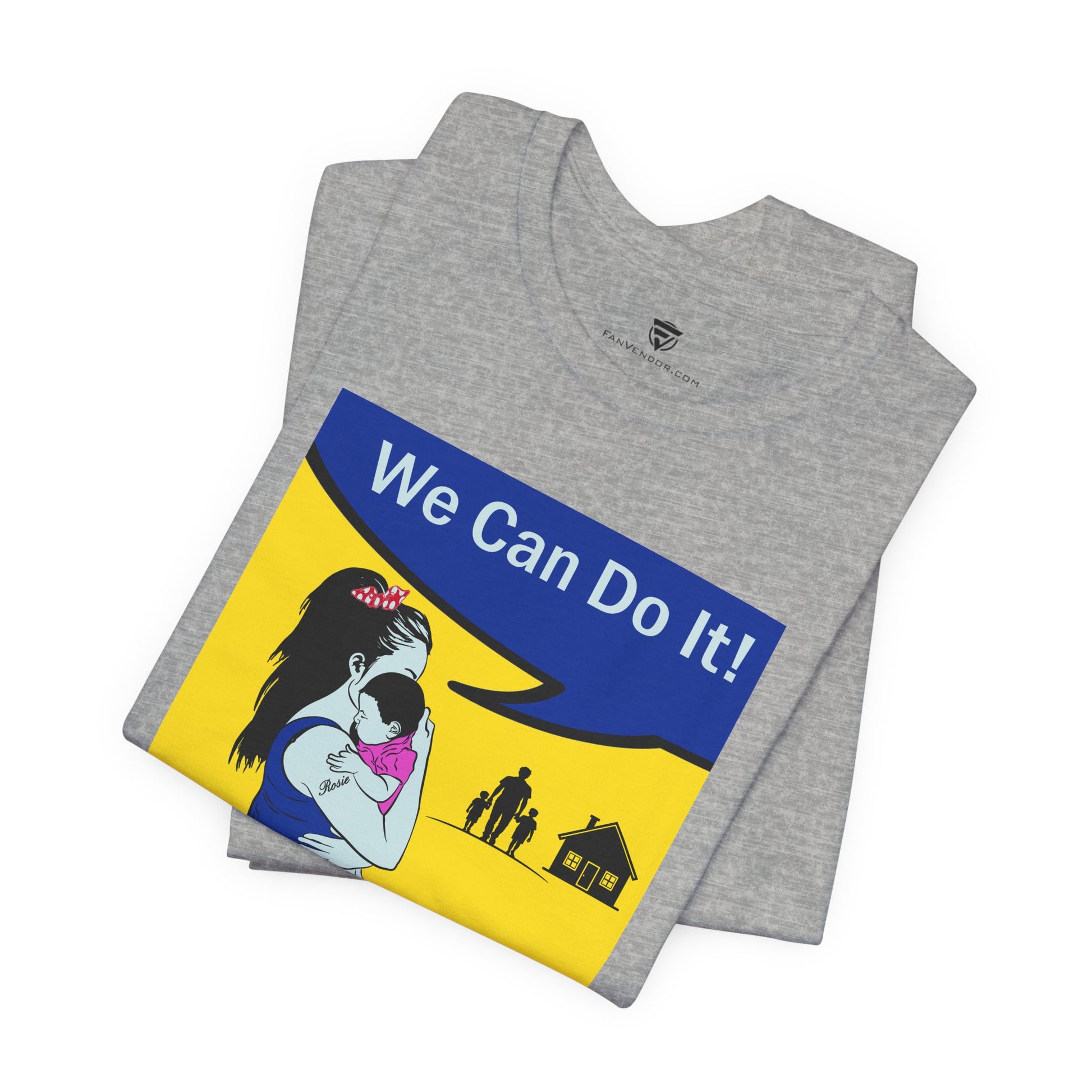 Gray t-shirt with a graphic design featuring 'We Can Do It!' text on a white background