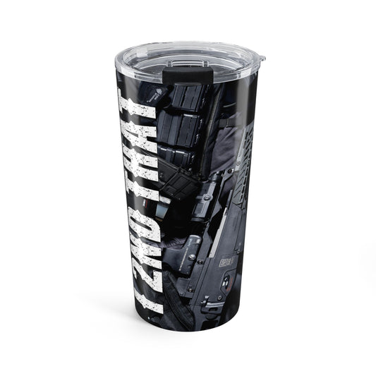 Clear tumbler with robot design and text on a white background