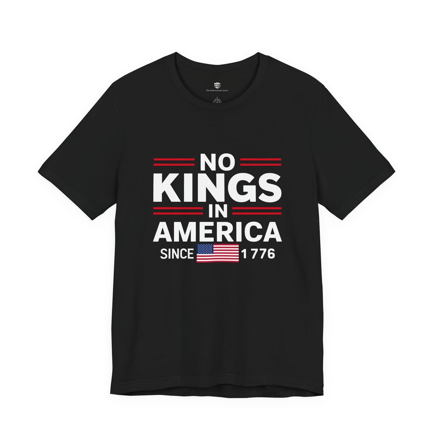 Black t-shirt with 'No Kings in America Since 1776' text and American flag on a white background