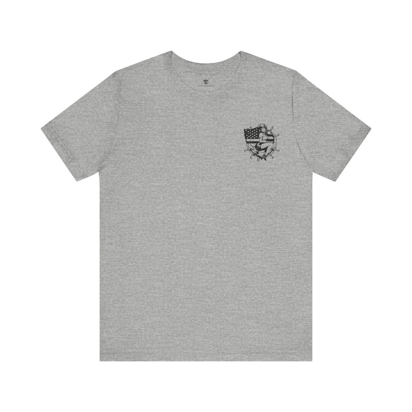 Gray t-shirt with a small black graphic on the chest against a white background