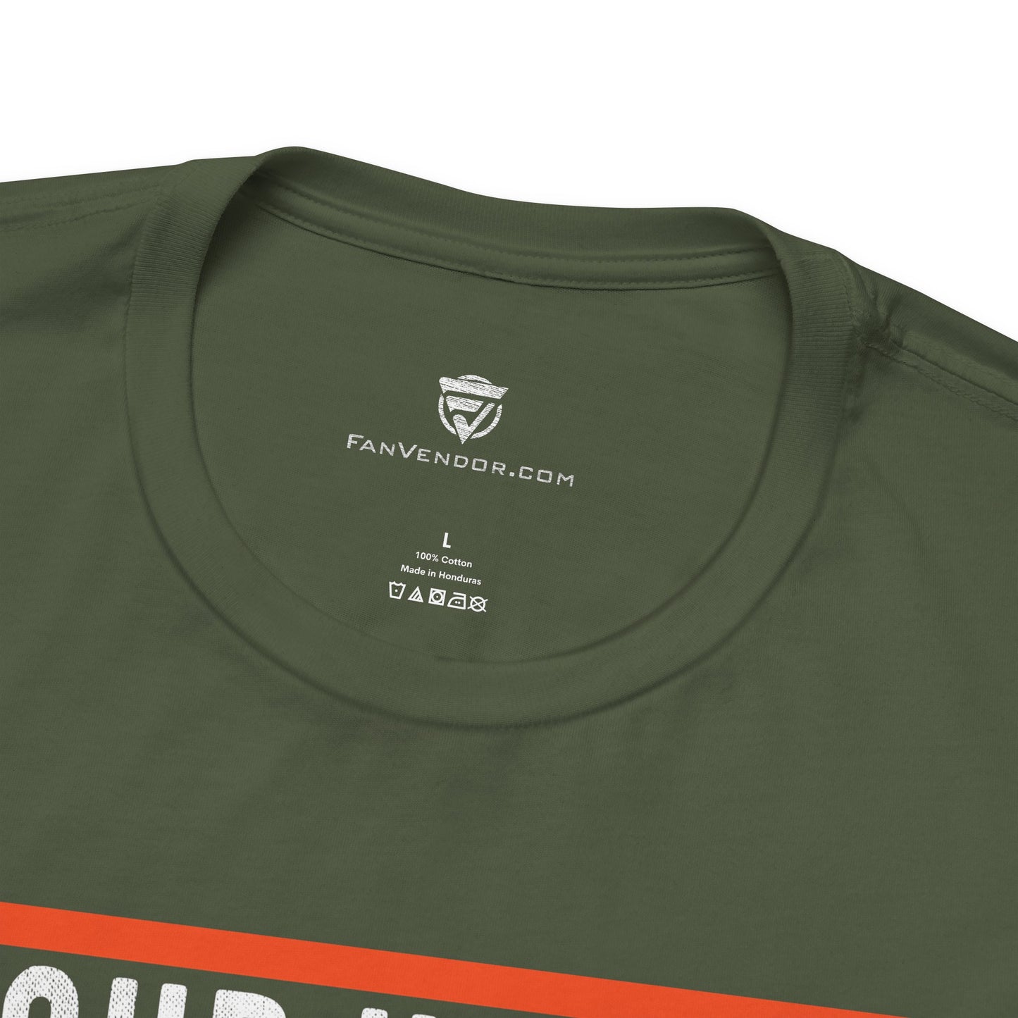 Green t-shirt with 'FanVendor.com' logo and text on a white background