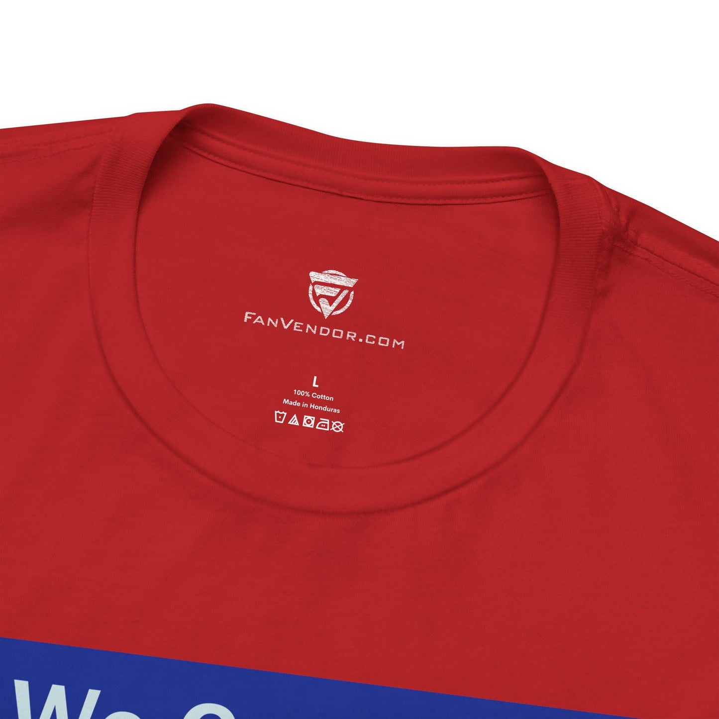 Red t-shirt with 'Fanvendor.com' logo and text on a white background