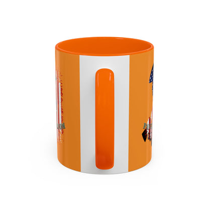 Orange and white mug with a handle on a white background