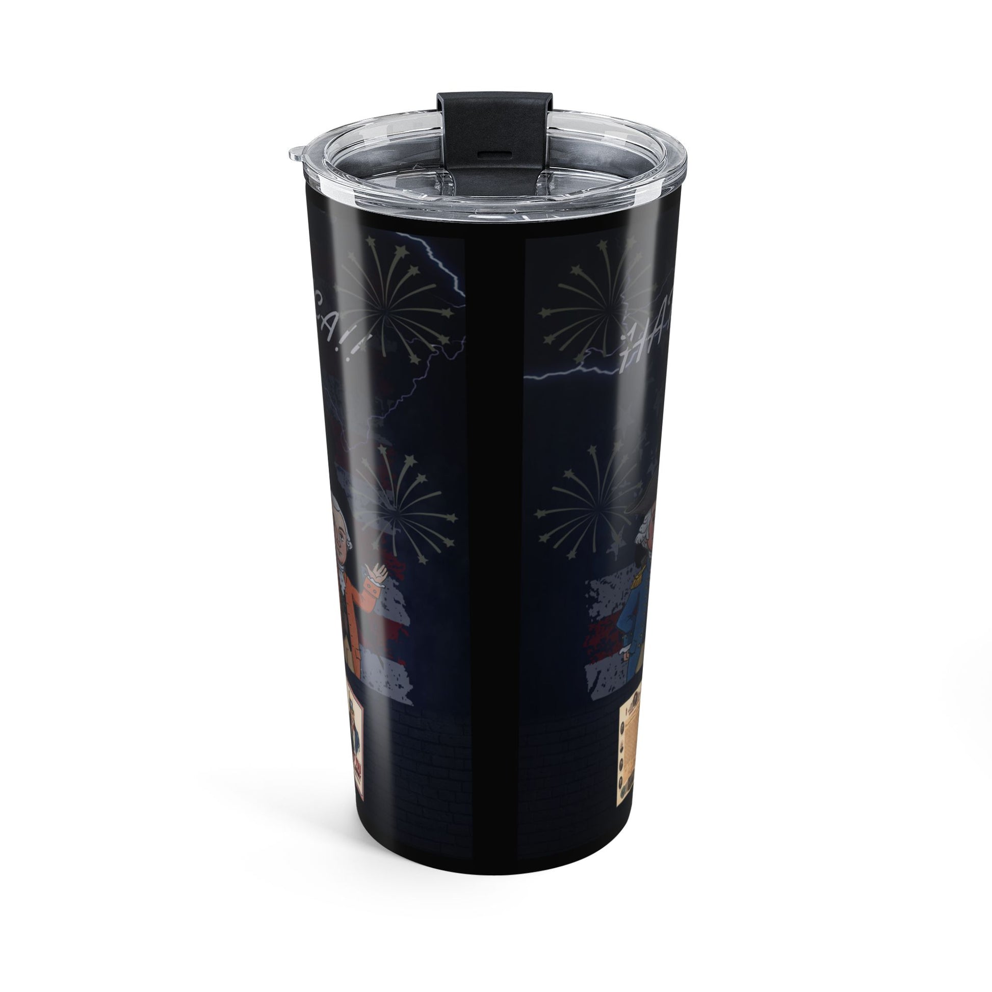 Black tumbler with a pattern on a white background