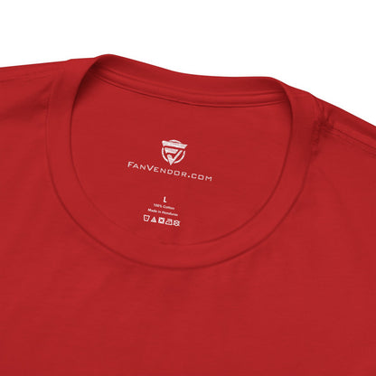 Red t-shirt with 'FanVendor.com' logo and text on a white background