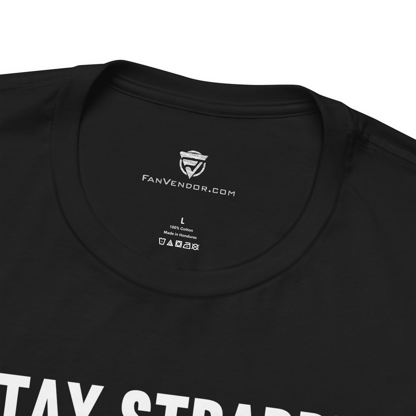 Black t-shirt with 'FanVendor.com' logo and text on a white background