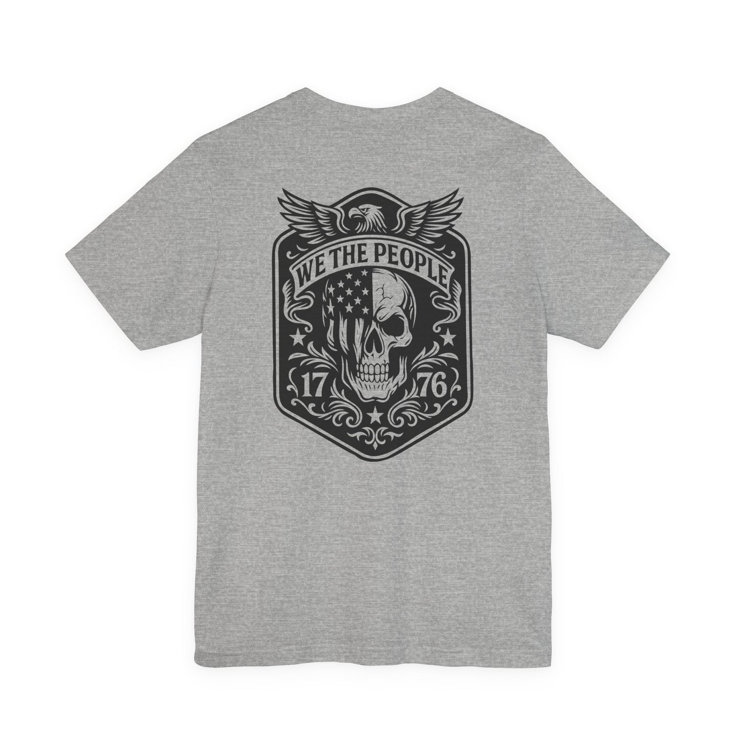 Gray t-shirt with a black graphic design on the back featuring a skull and text.