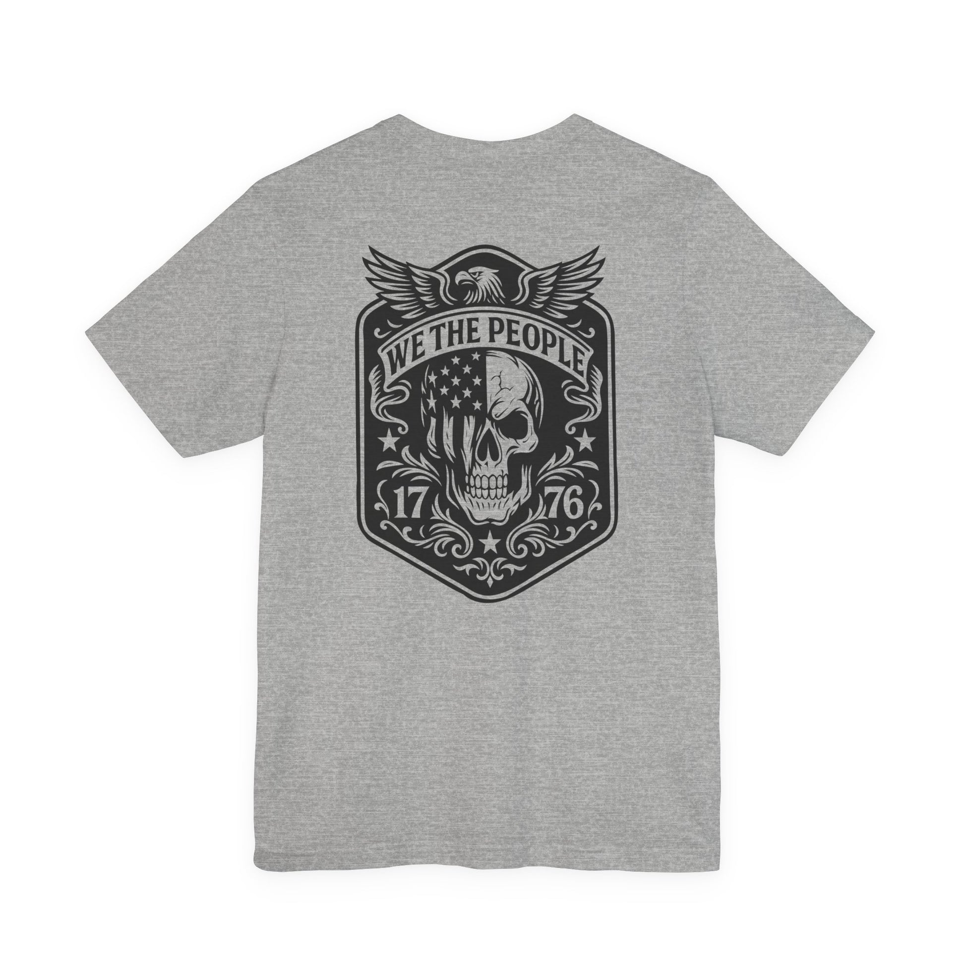 Gray t-shirt with a black graphic design on the back featuring a skull and text.