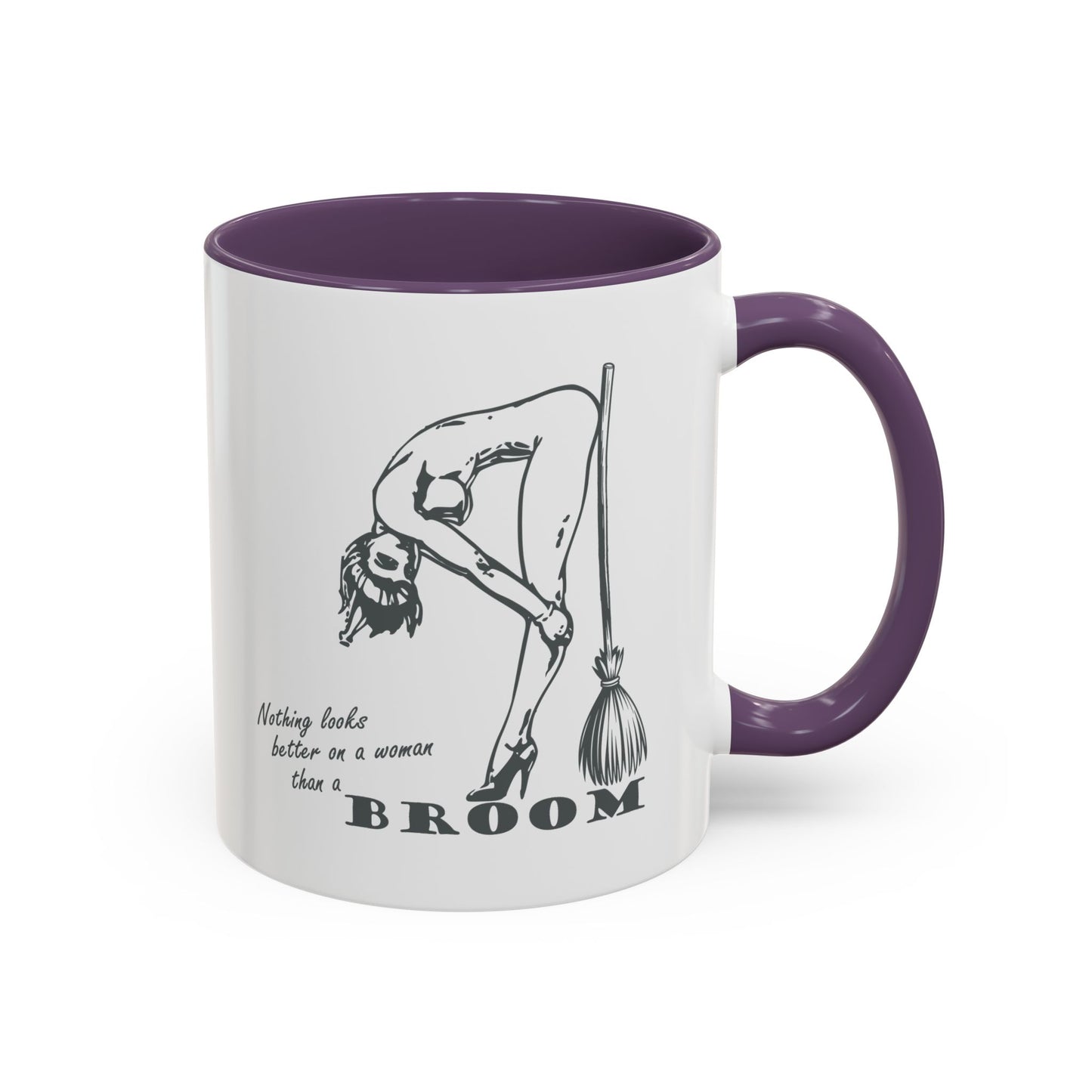 Mug with a graphic of a woman holding a broom and text, against a white background