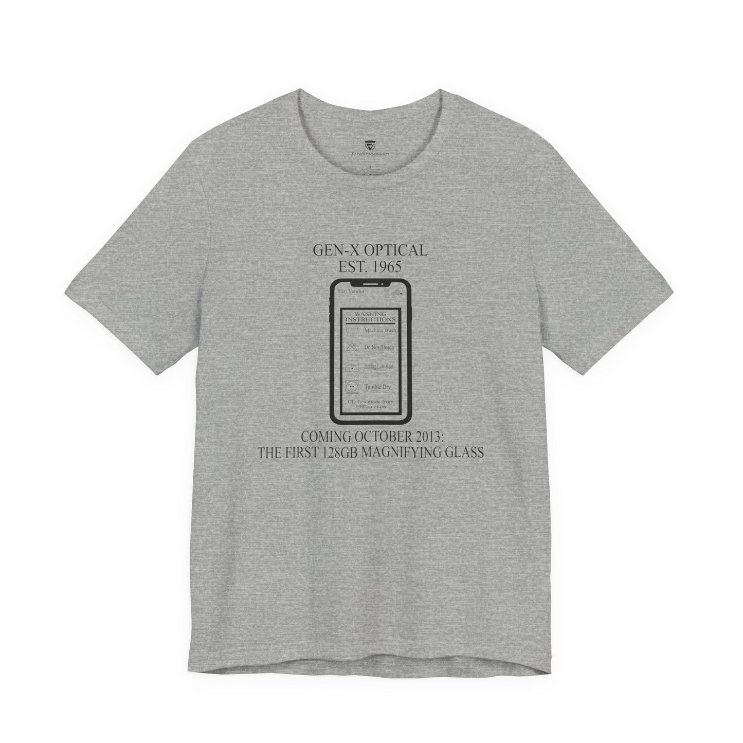 Gray t-shirt with text and graphic on a white background