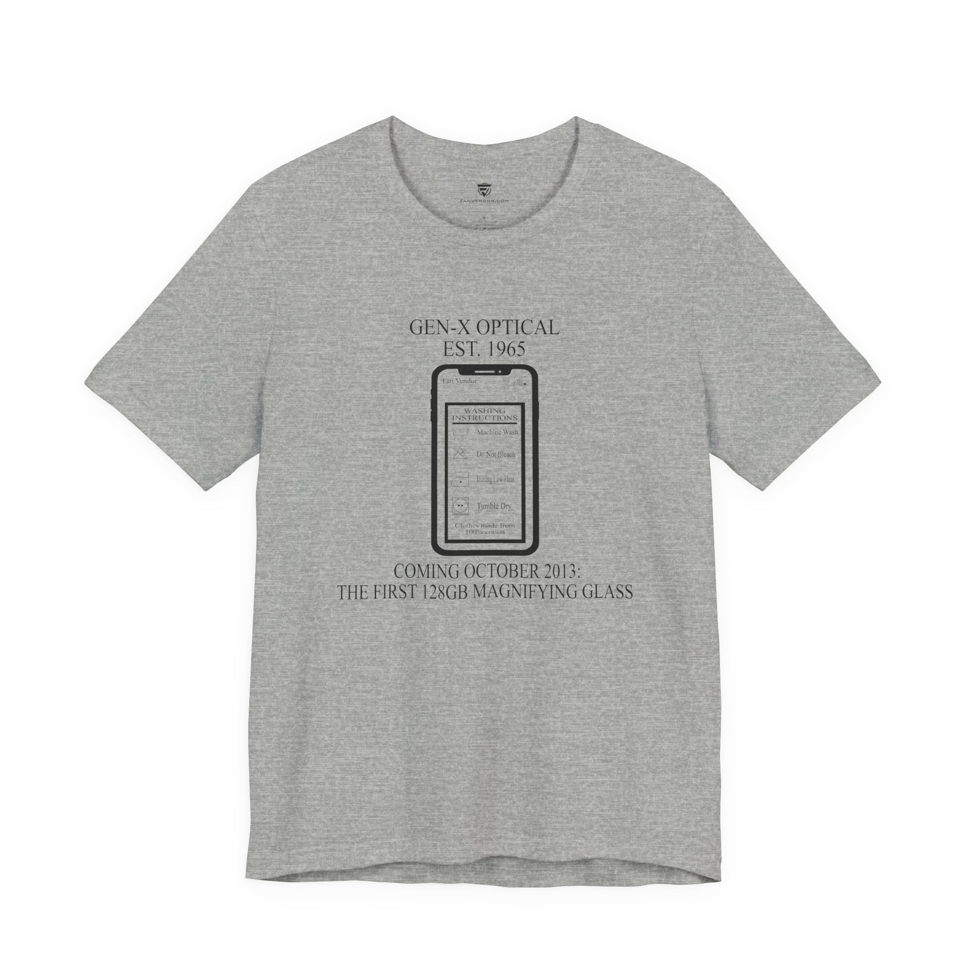 Gray t-shirt with text and graphic on a white background