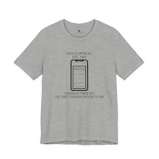 Gray t-shirt with text and graphic on a white background