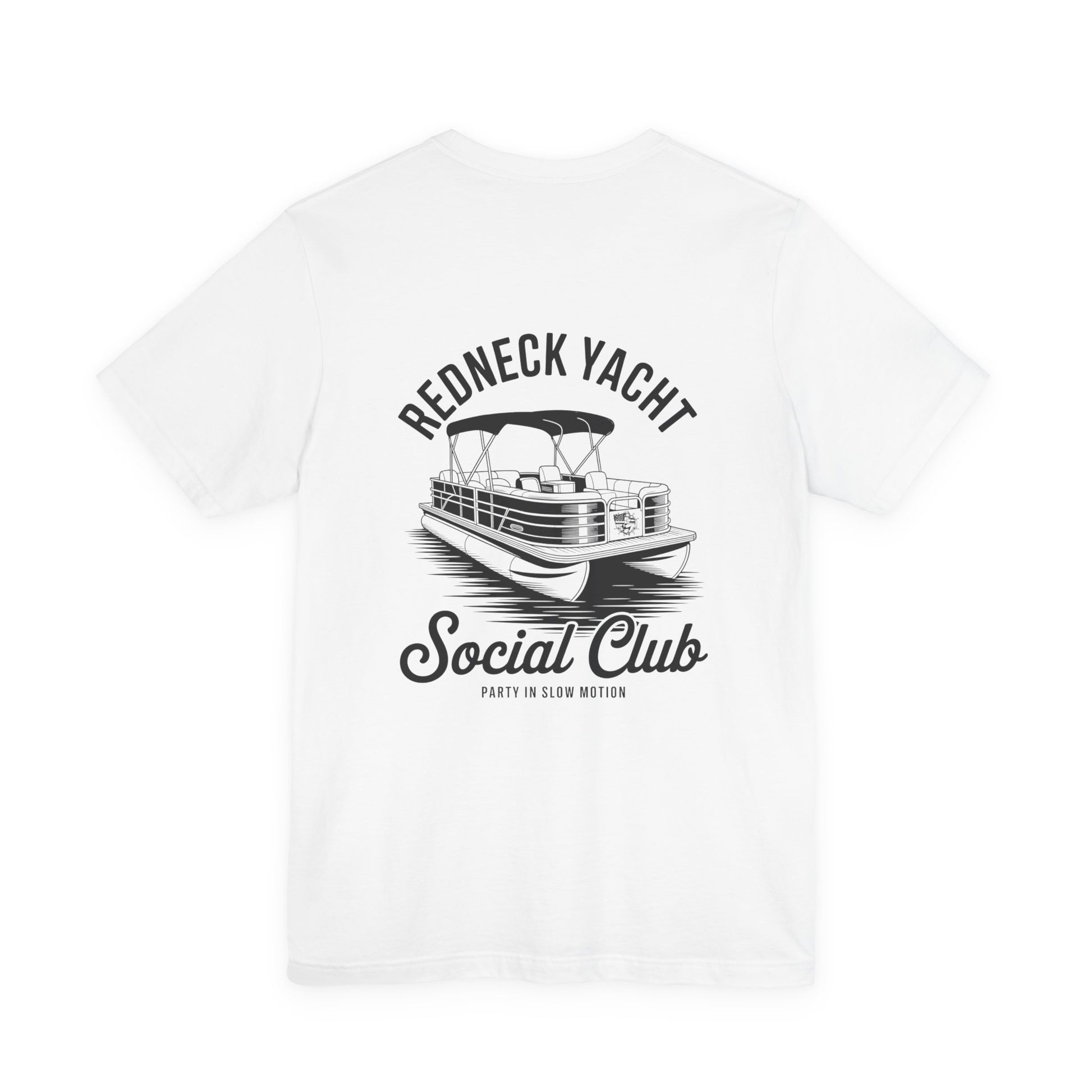 White t-shirt with black graphic of a boat and text on a white background