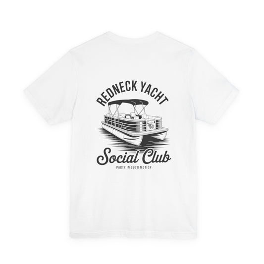 White t-shirt with black graphic of a boat and text on a white background