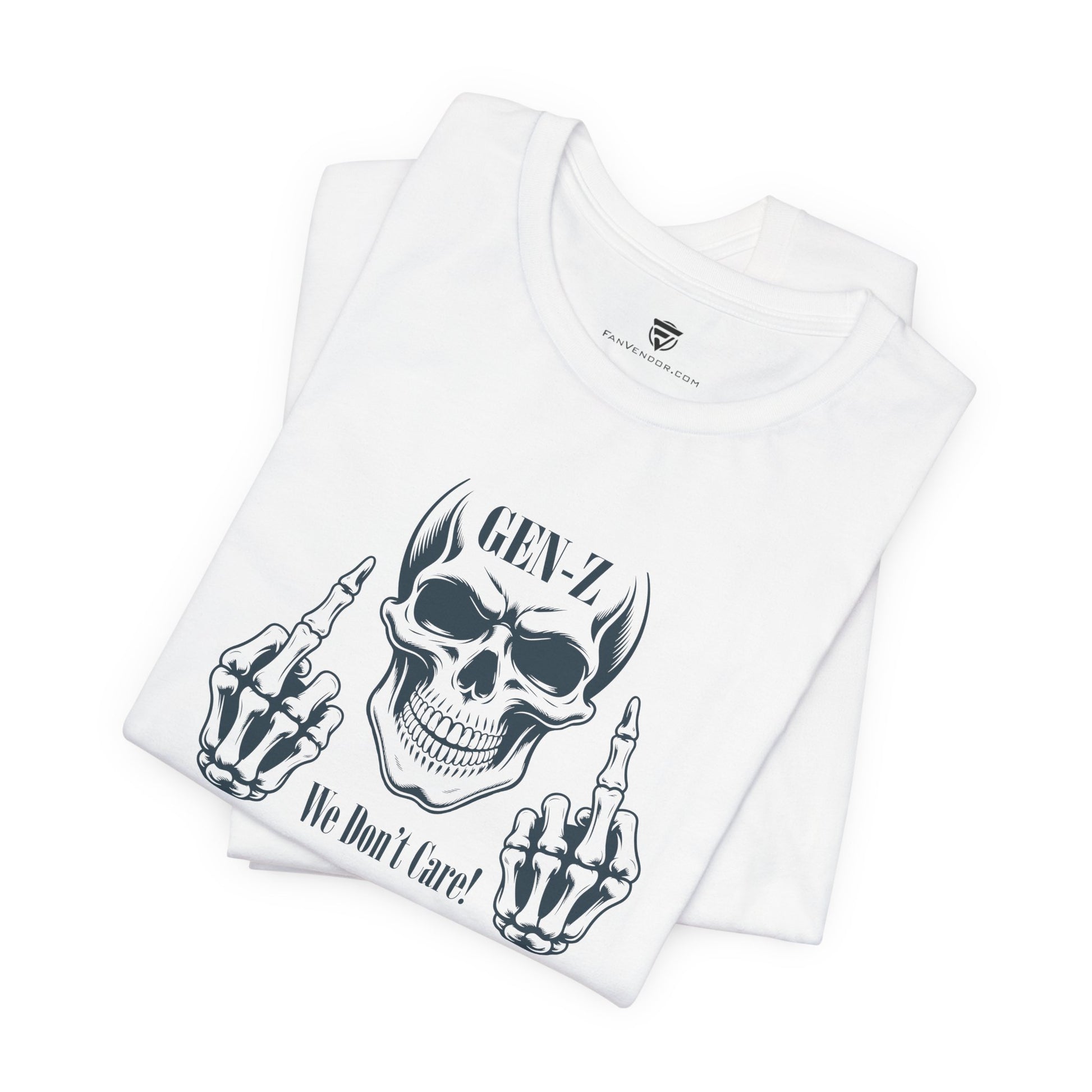 White t-shirt with a skull and skeleton hand design on a white background