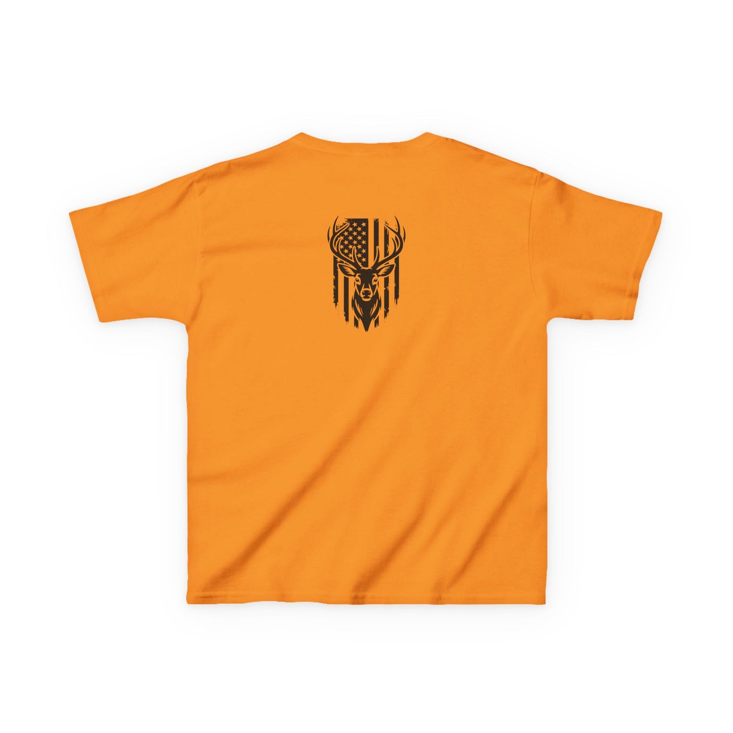 Orange t-shirt with a black deer and flag design on the back against a white background