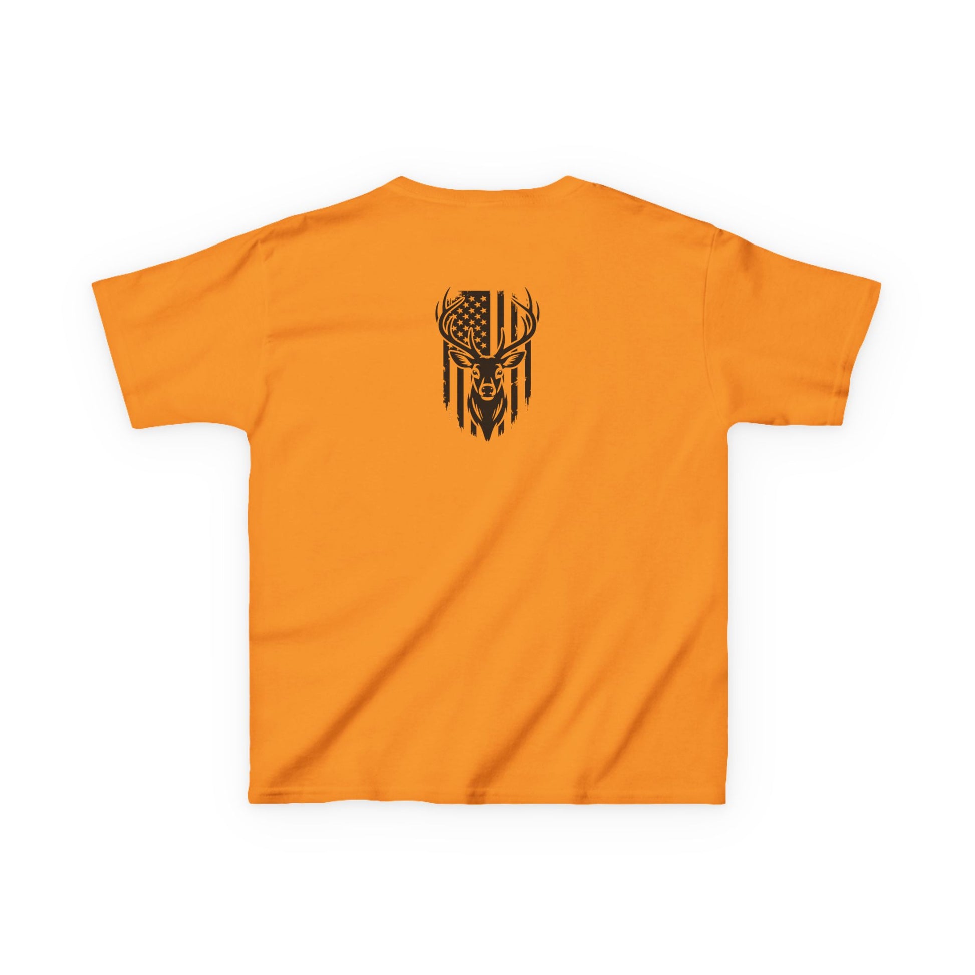 Orange t-shirt with a black deer and flag design on the back against a white background