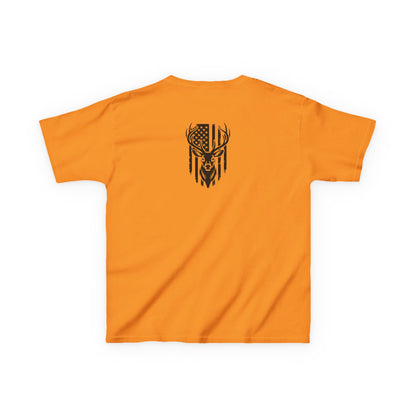 Orange t-shirt with a black deer and flag design on the back against a white background