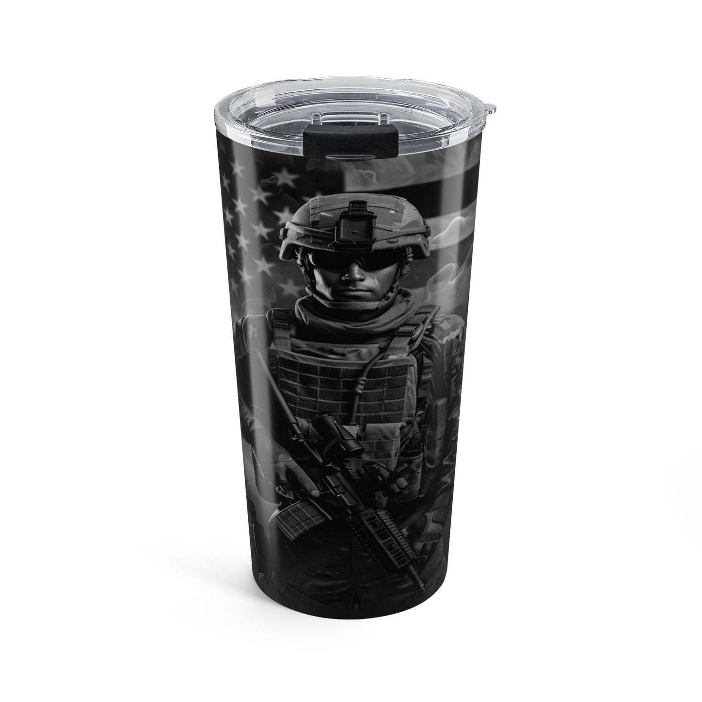 Tumbler with a soldier design and American flag on a white background