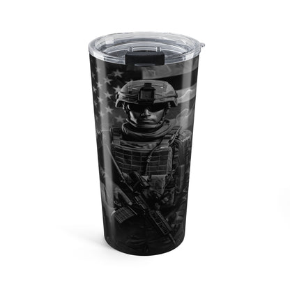 Tumbler with a soldier design and American flag on a white background
