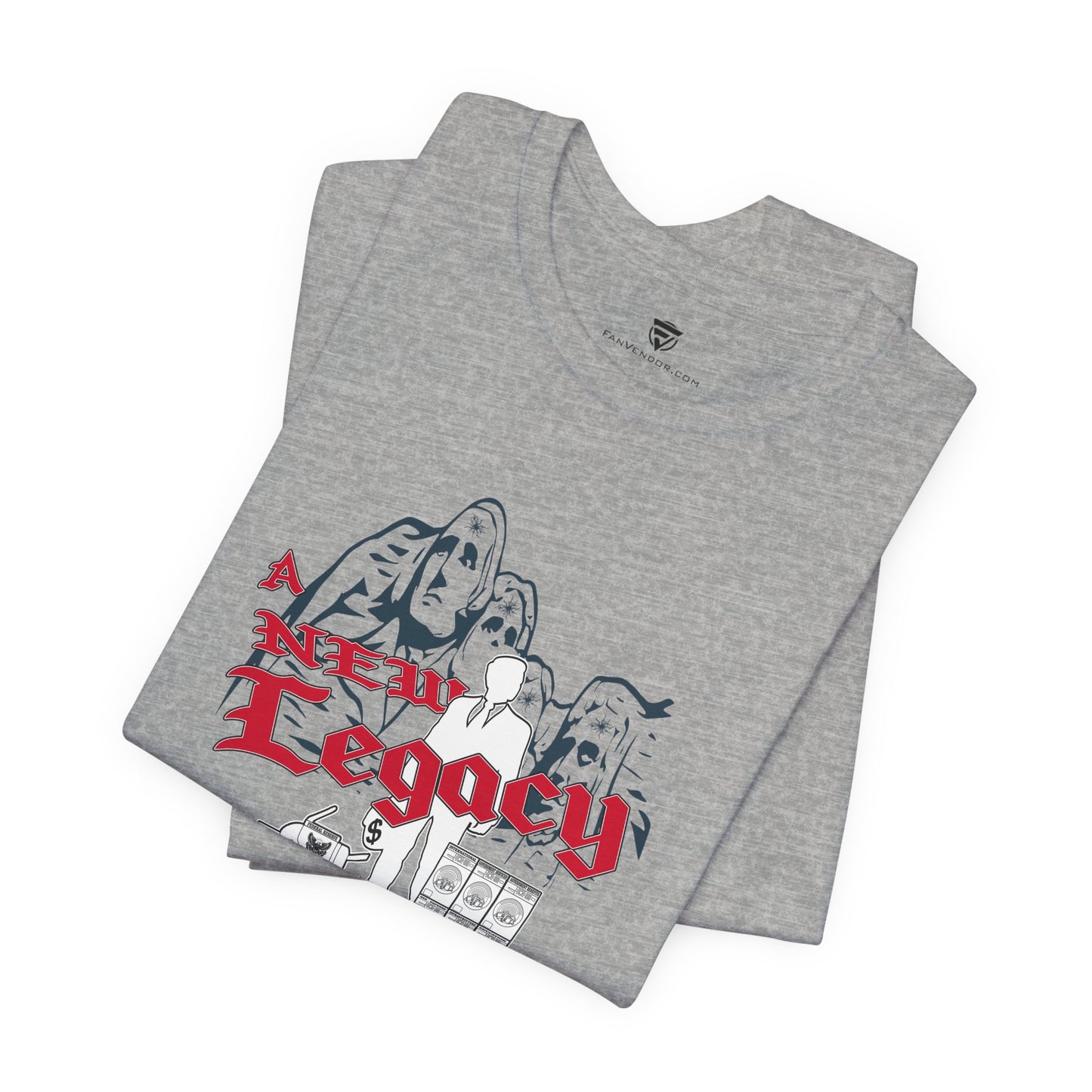 Gray t-shirt with graphic design and text 'A New Legacy' on a white background