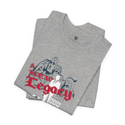 Gray t-shirt with graphic design and text 'A New Legacy' on a white background