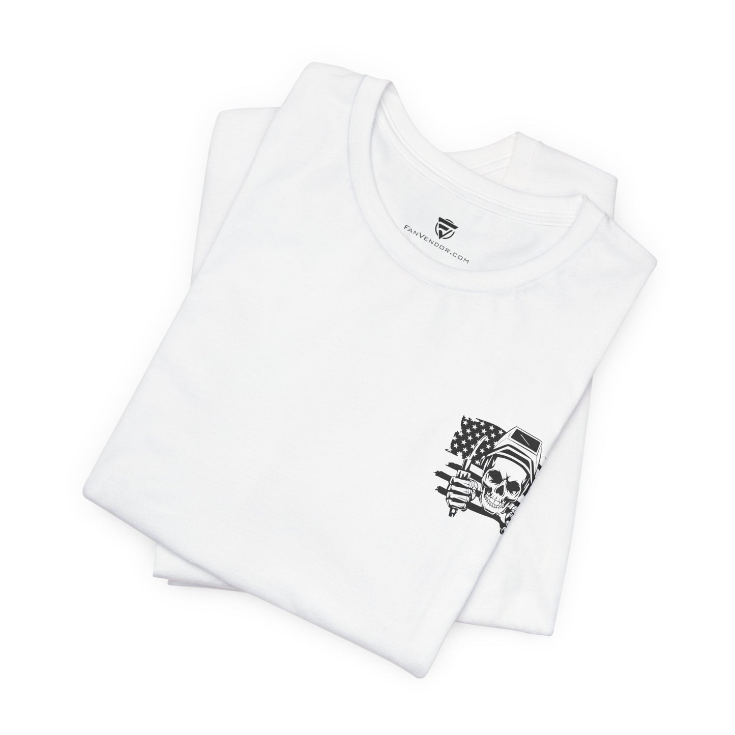 White t-shirt with black graphic design on a white background
