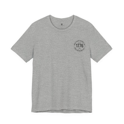 Gray t-shirt with a logo on the chest against a white background