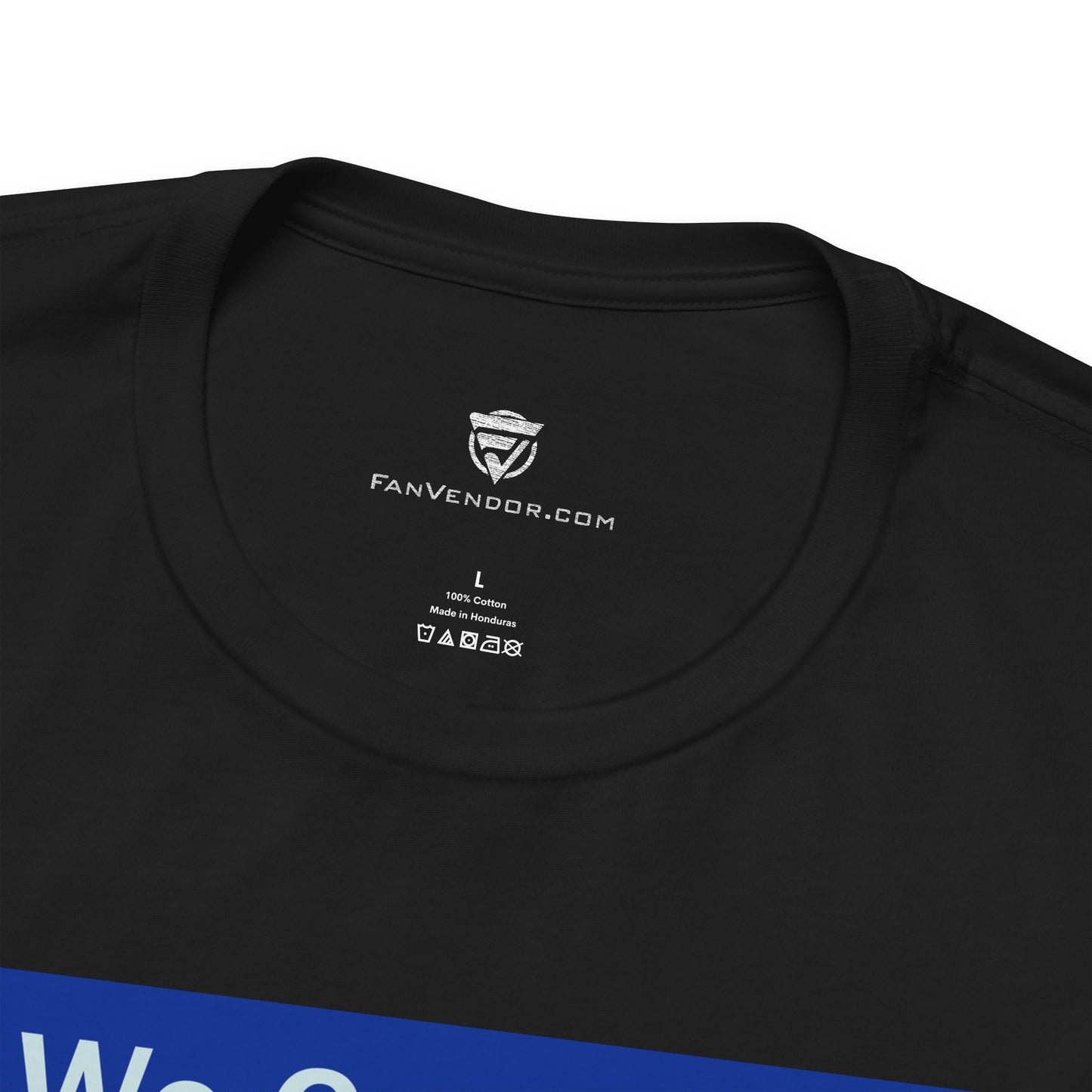 Black t-shirt with 'Fanvendor.com' logo and text on a white background