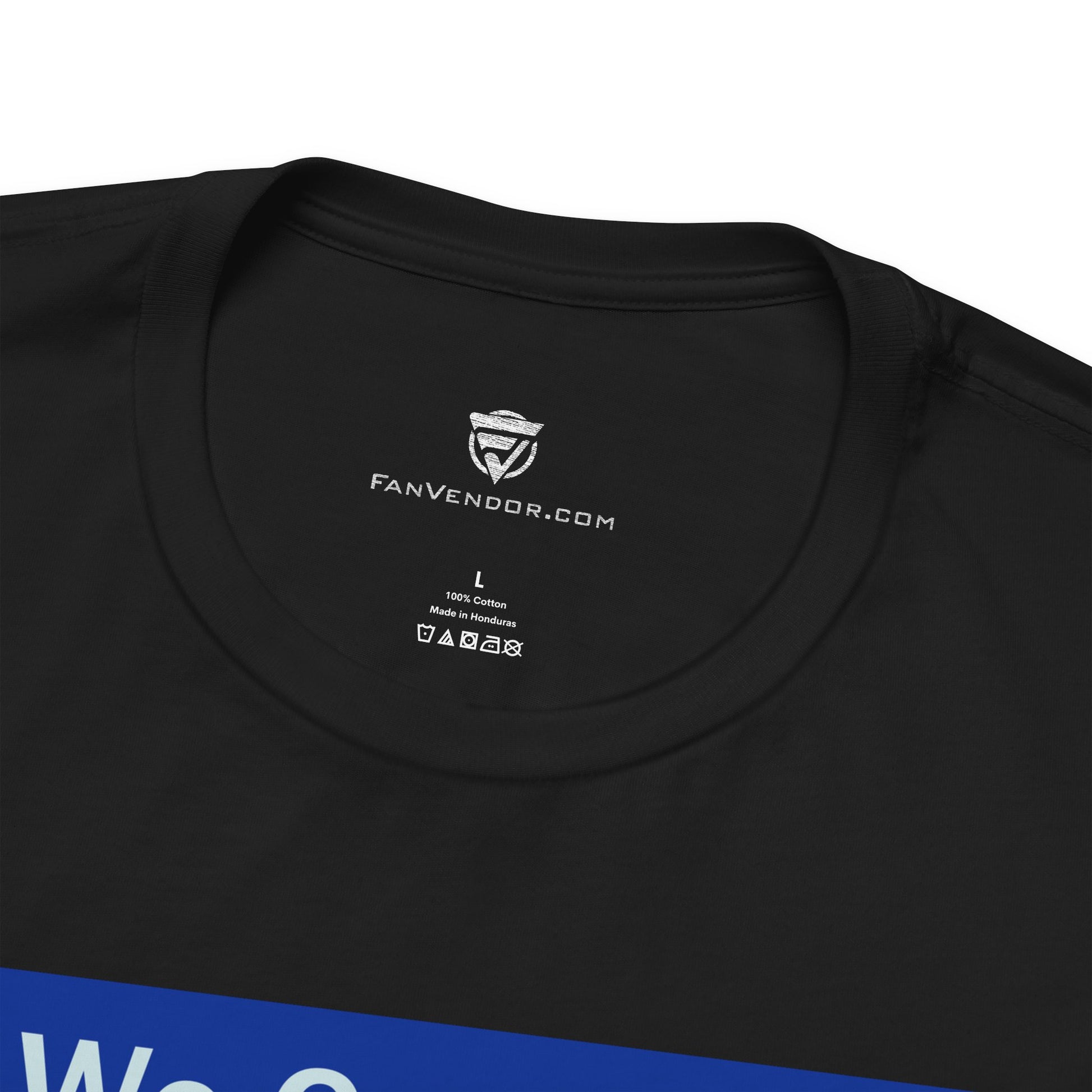 Black t-shirt with 'Fanvendor.com' logo and text on a white background
