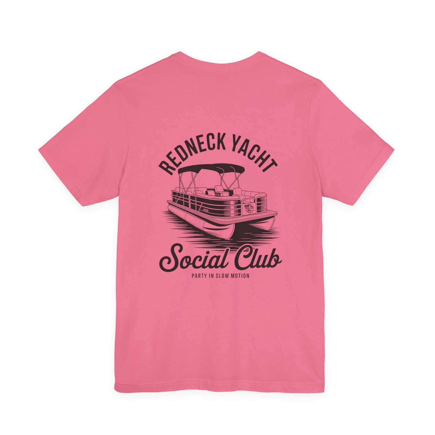 Pink t-shirt with black graphic and text on a white background