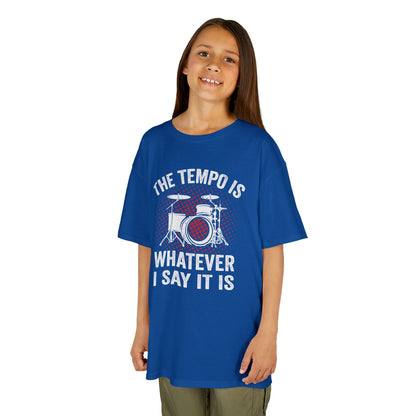 Child wearing a blue t-shirt with a drum design and text on a white background