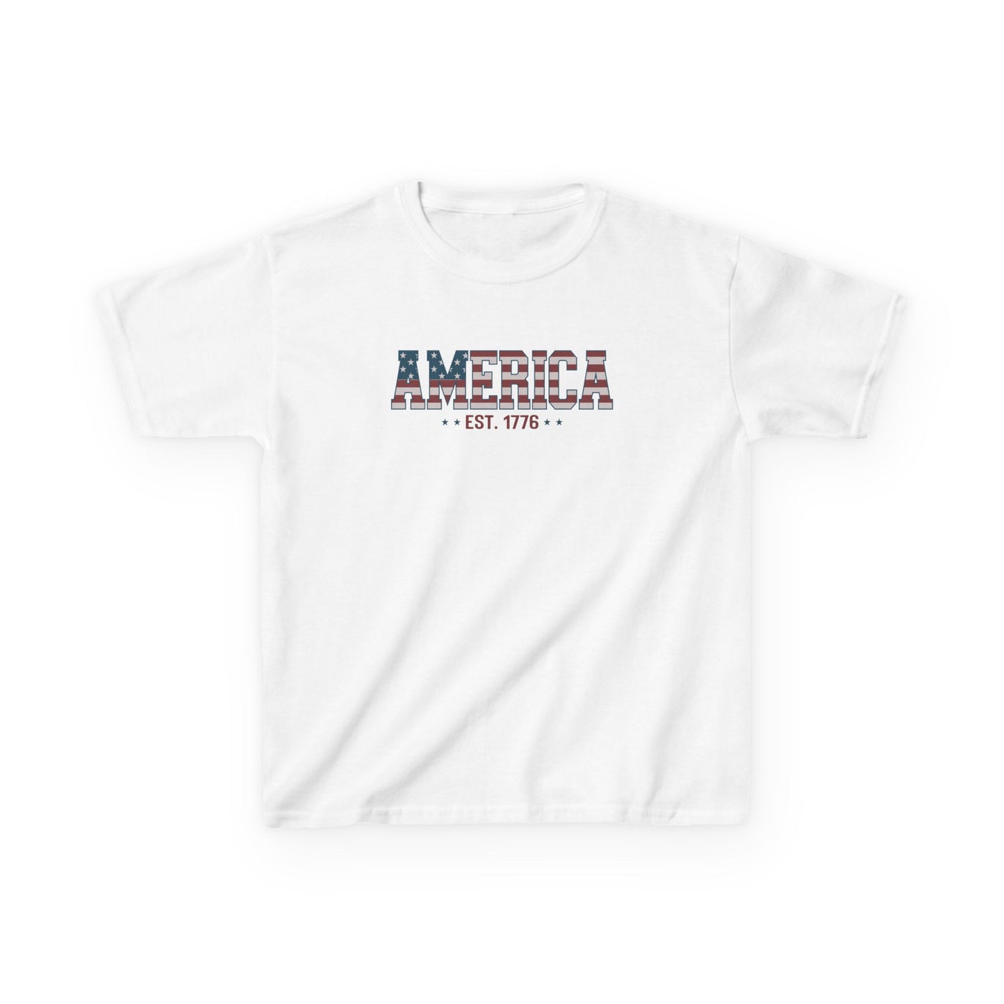 White t-shirt with 'AMERICA EST. 1776' text on a white background