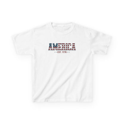 White t-shirt with 'AMERICA EST. 1776' text on a white background
